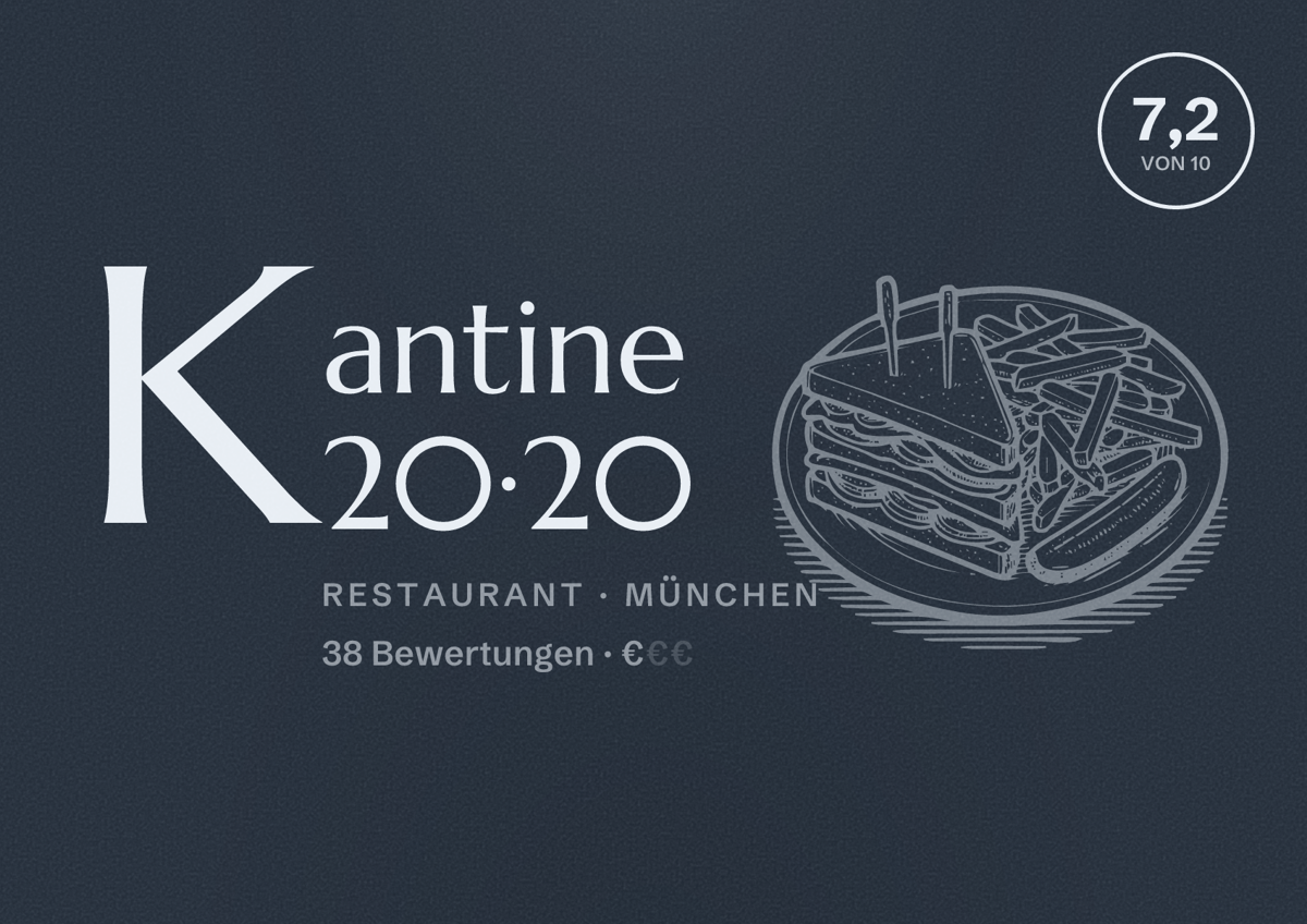 Illustriertes Poster von Kantine 20·20, Restaurant in München: Bewertung 7,2 von 10 aus 38 Bewertungen, Preisniveau €