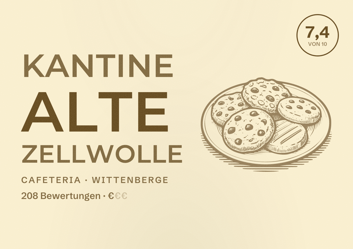 Illustriertes Poster von Kantine Alte Zellwolle, Cafeteria in Wittenberge: Bewertung 7,4 von 10 aus 208 Bewertungen, Preisniveau €