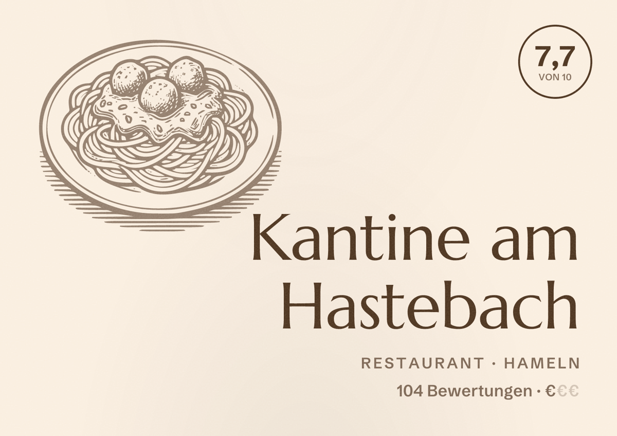 Illustriertes Poster von Kantine am Hastebach, Restaurant in Hameln: Bewertung 7,7 von 10 aus 104 Bewertungen, Preisniveau €