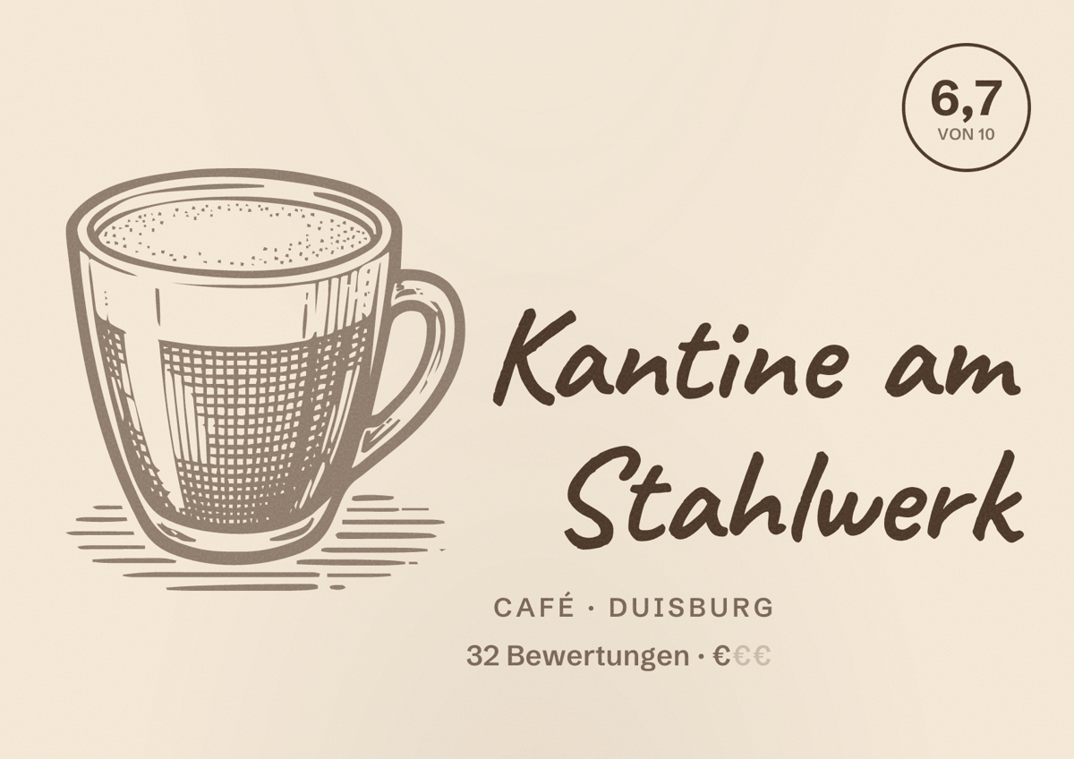 Illustriertes Poster von Kantine am Stahlwerk, Café in Duisburg: Bewertung 6,7 von 10 aus 32 Bewertungen, Preisniveau €