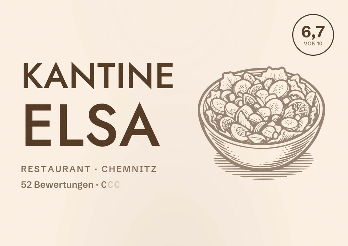Illustriertes Poster von Kantine Elsa, Restaurant in Chemnitz: Bewertung 6,7 von 10 aus 52 Bewertungen, Preisniveau €