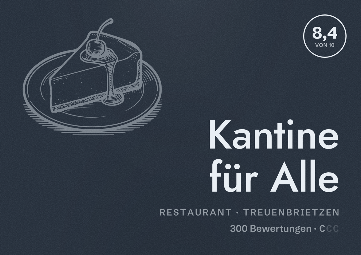 Illustriertes Poster von Kantine für Alle, Restaurant in Treuenbrietzen: Bewertung 8,4 von 10 aus 300 Bewertungen, Preisniveau €