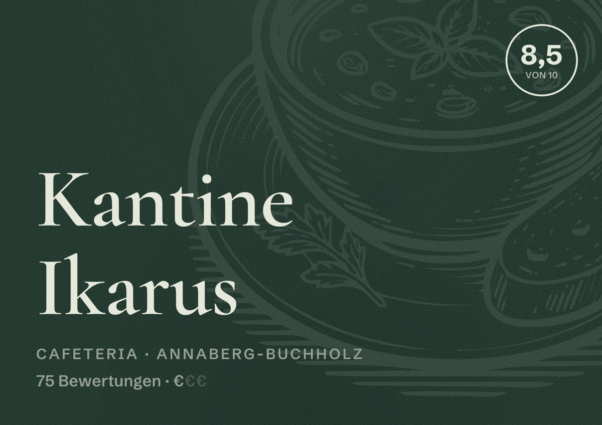 Illustriertes Poster von Kantine Ikarus, Cafeteria in Annaberg-Buchholz: Bewertung 8,5 von 10 aus 75 Bewertungen, Preisniveau €