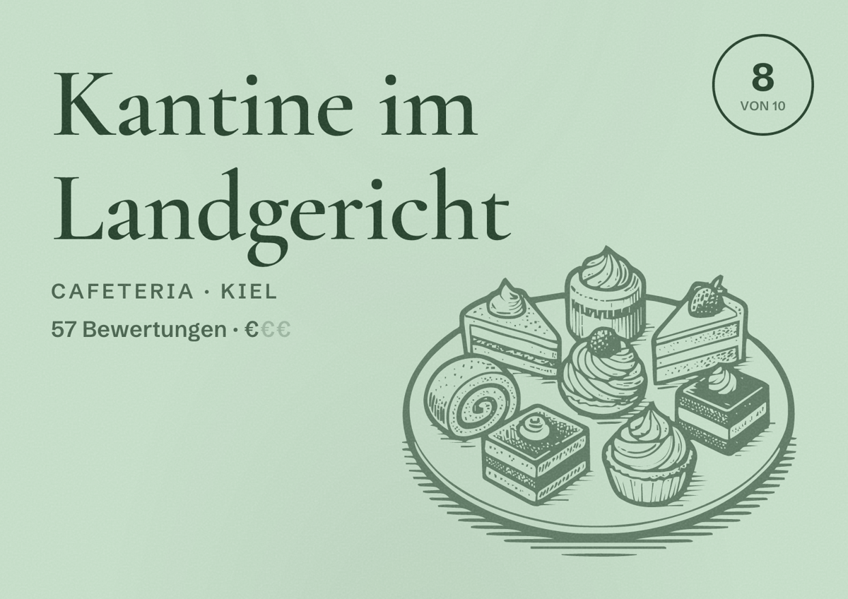 Illustriertes Poster von Kantine im Landgericht, Cafeteria in Kiel: Bewertung 8 von 10 aus 57 Bewertungen, Preisniveau €
