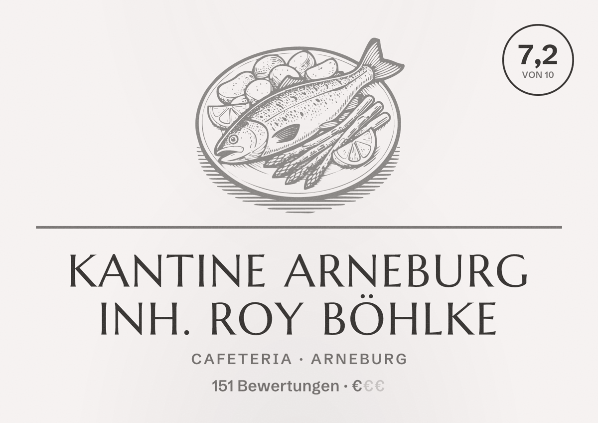 Illustriertes Poster von Kantine Arneburg Inh. Roy Böhlke, Cafeteria in Arneburg: Bewertung 7,2 von 10 aus 151 Bewertungen, Preisniveau €