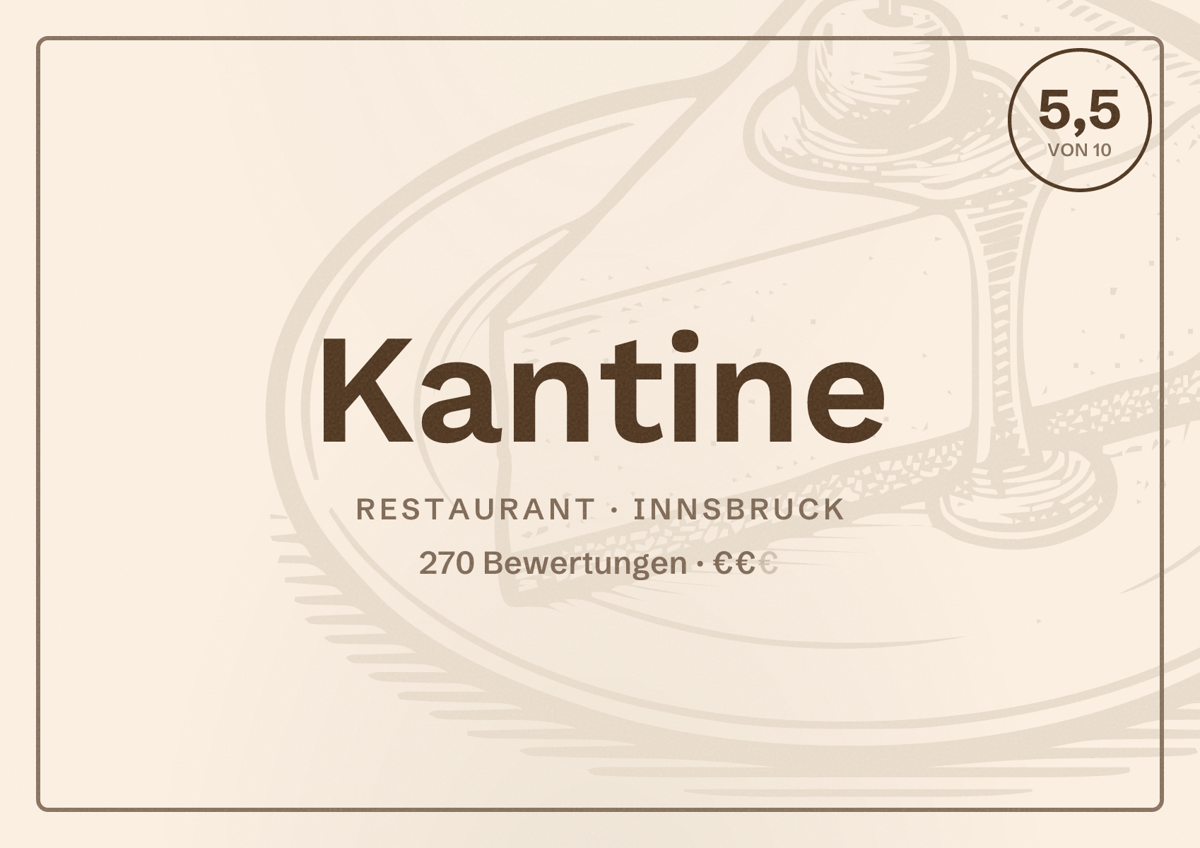 Illustriertes Poster von Kantine, Restaurant in Innsbruck: Bewertung 5,5 von 10 aus 270 Bewertungen, Preisniveau €€