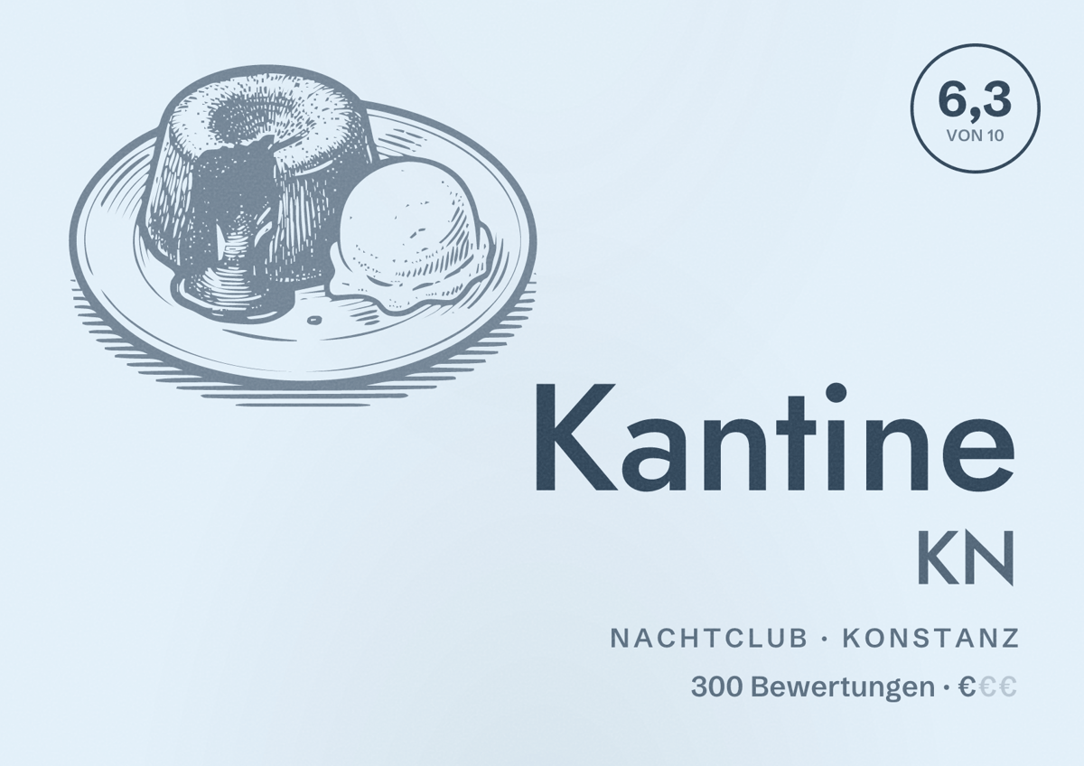 Illustriertes Poster von Kantine KN, Nachtclub in Konstanz: Bewertung 6,3 von 10 aus 300 Bewertungen, Preisniveau €