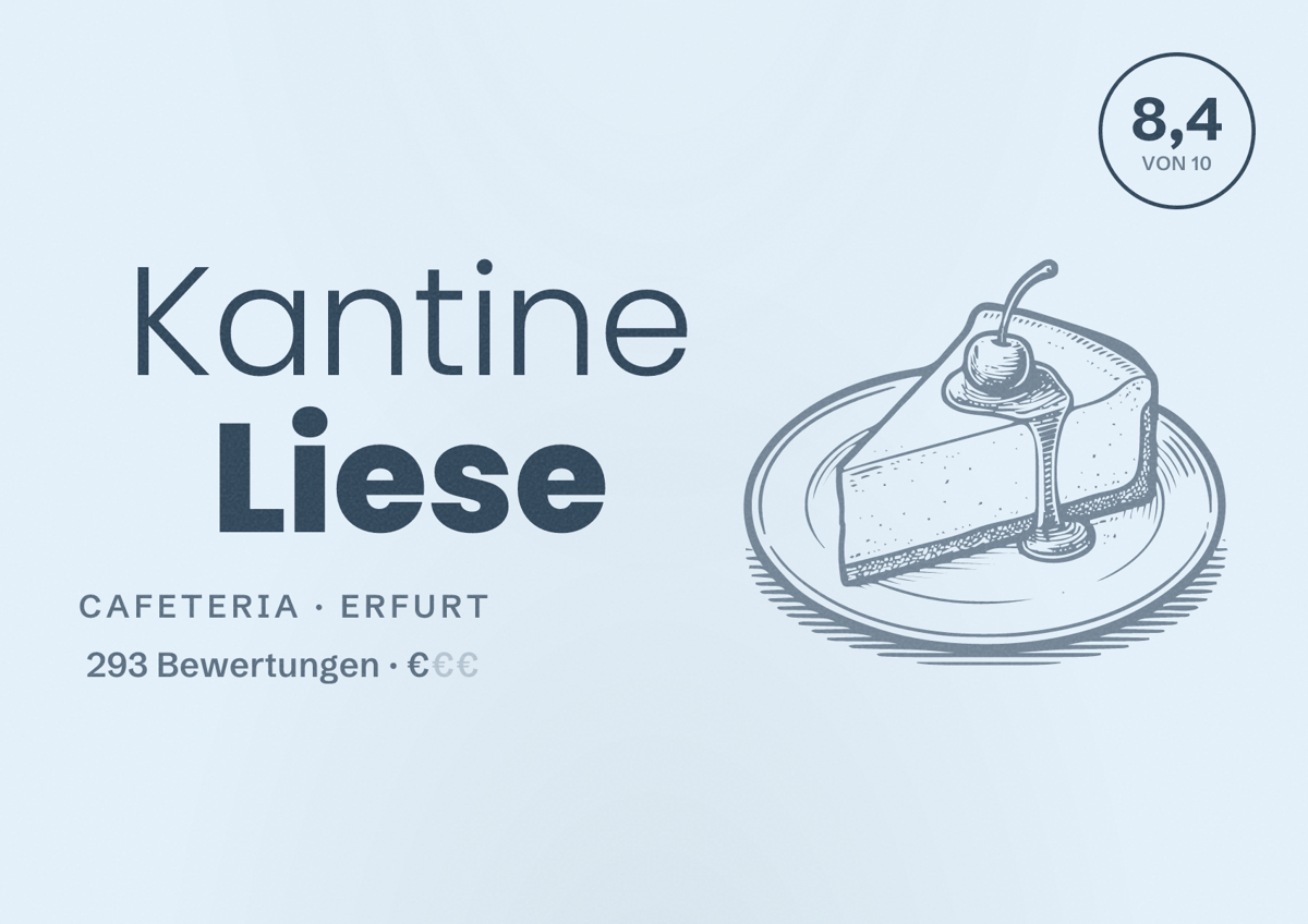 Illustriertes Poster von Kantine Liese, Cafeteria in Erfurt: Bewertung 8,4 von 10 aus 293 Bewertungen, Preisniveau €