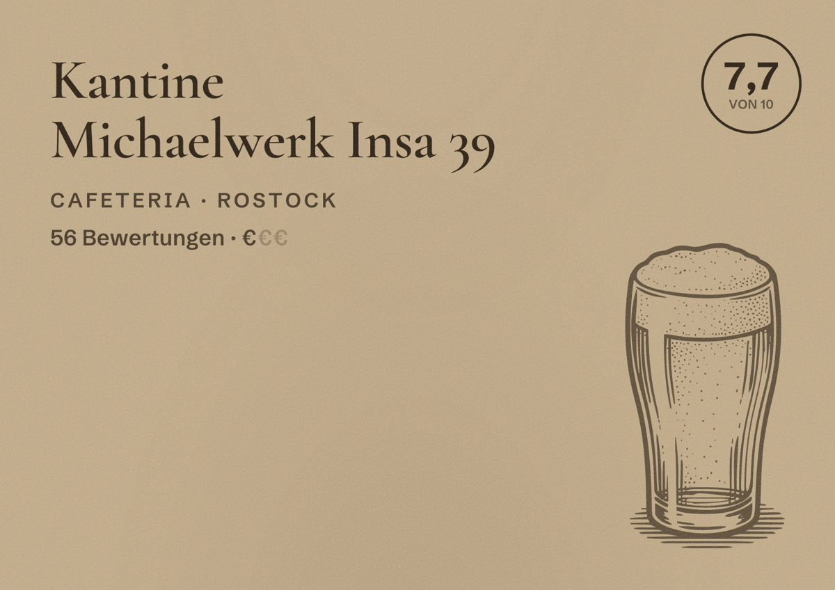 Illustriertes Poster von Kantine Michaelwerk Insa 39, Cafeteria in Rostock: Bewertung 7,7 von 10 aus 56 Bewertungen, Preisniveau €