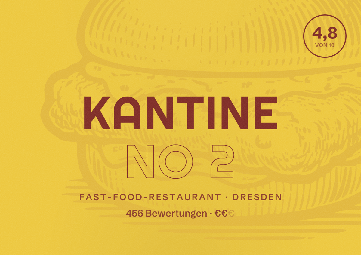Illustriertes Poster von Kantine No 2, Fast-Food-Restaurant in Dresden: Bewertung 4,8 von 10 aus 456 Bewertungen, Preisniveau €€