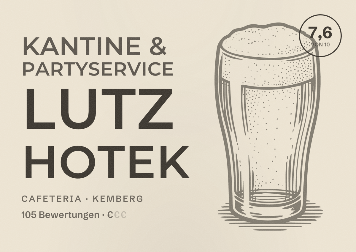 Illustriertes Poster von Kantine & Partyservice Lutz Hotek, Cafeteria in Kemberg: Bewertung 7,6 von 10 aus 105 Bewertungen, Preisniveau €
