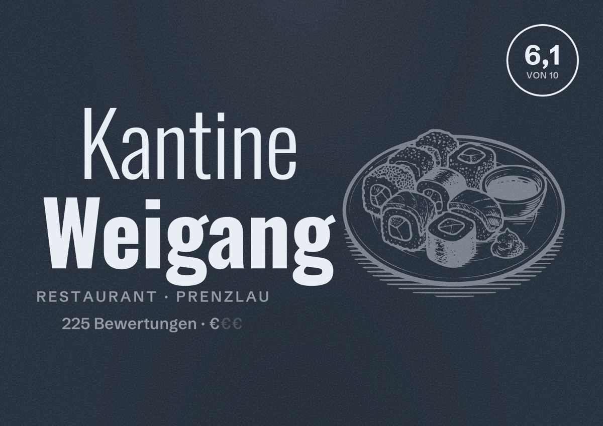 Illustriertes Poster von Kantine Weigang, Restaurant in Prenzlau: Bewertung 6,1 von 10 aus 225 Bewertungen, Preisniveau €