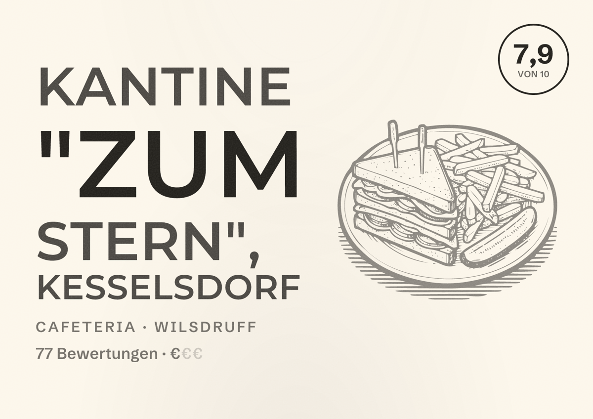 Illustriertes Poster von Kantine "Zum Stern", Kesselsdorf, Cafeteria in Wilsdruff: Bewertung 7,9 von 10 aus 77 Bewertungen, Preisniveau €