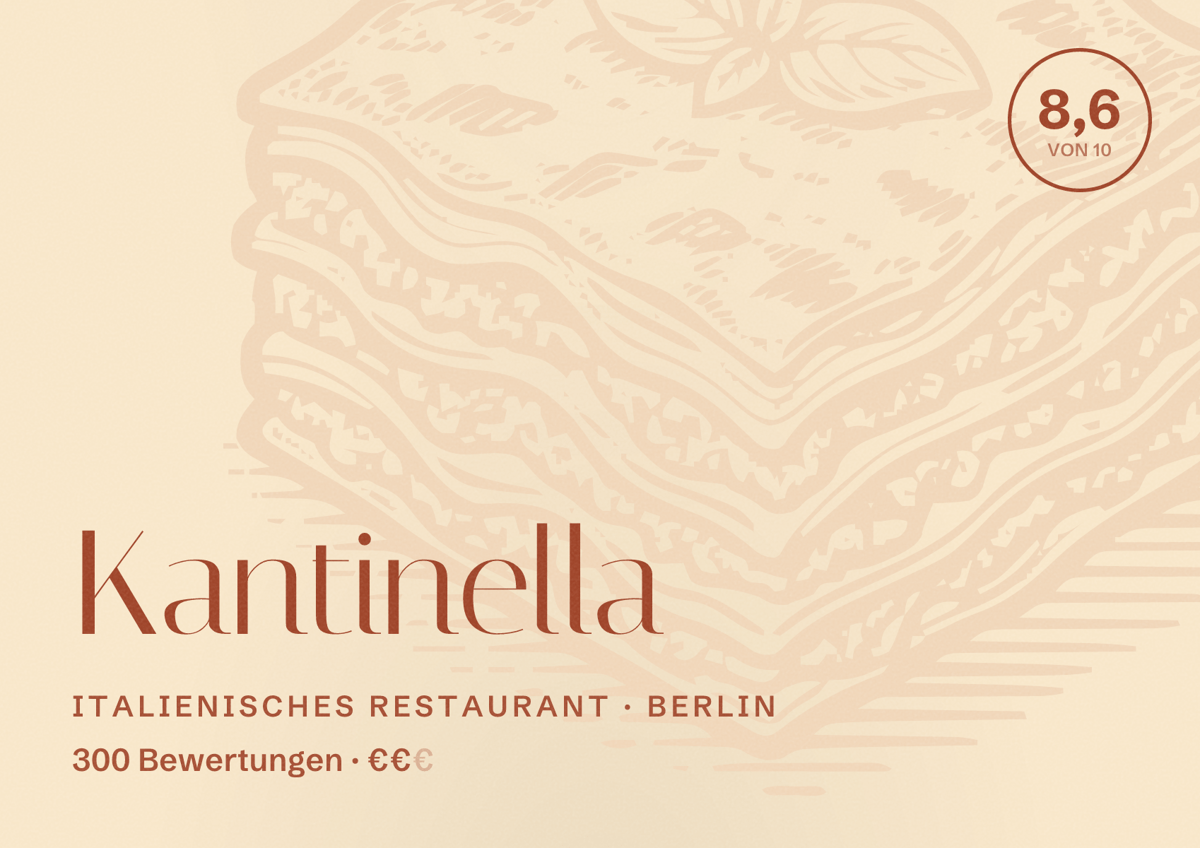 Illustriertes Poster von Kantinella, Italienisches Restaurant in Berlin: Bewertung 8,6 von 10 aus 300 Bewertungen, Preisniveau €€