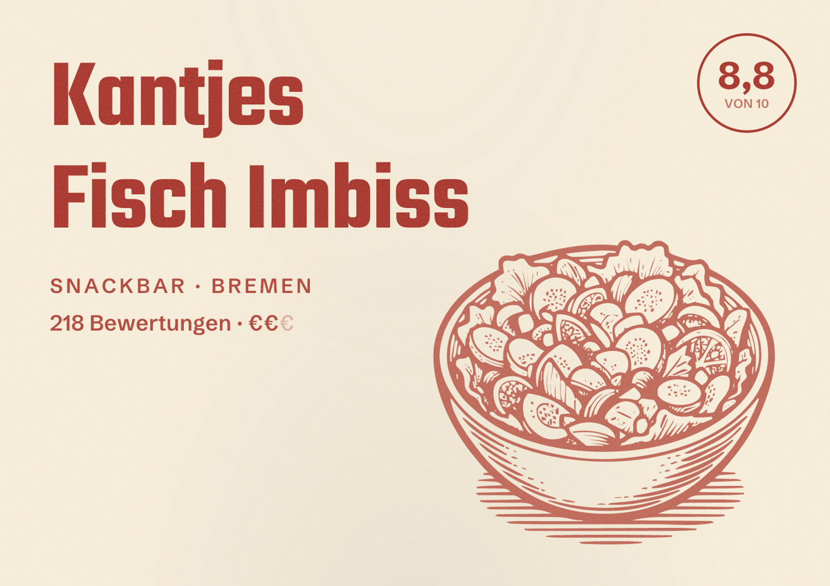 Illustriertes Poster von Kantjes Fisch Imbiss, Snackbar in Bremen: Bewertung 8,8 von 10 aus 218 Bewertungen, Preisniveau €€