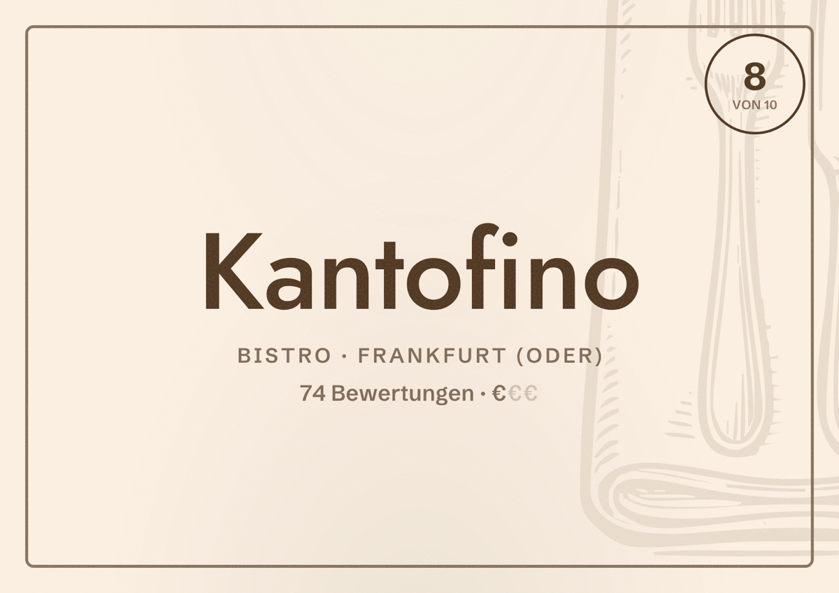 Illustriertes Poster von Kantofino, Bistro in Frankfurt (Oder): Bewertung 8 von 10 aus 74 Bewertungen, Preisniveau €
