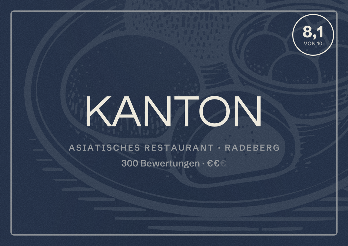 Illustriertes Poster von KANTON, Asiatisches Restaurant in Radeberg: Bewertung 8,1 von 10 aus 300 Bewertungen, Preisniveau €€