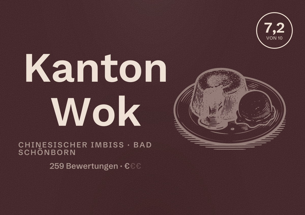 Illustriertes Poster von Kanton Wok, Chinesischer Imbiss in Bad Schönborn: Bewertung 7,2 von 10 aus 259 Bewertungen, Preisniveau €