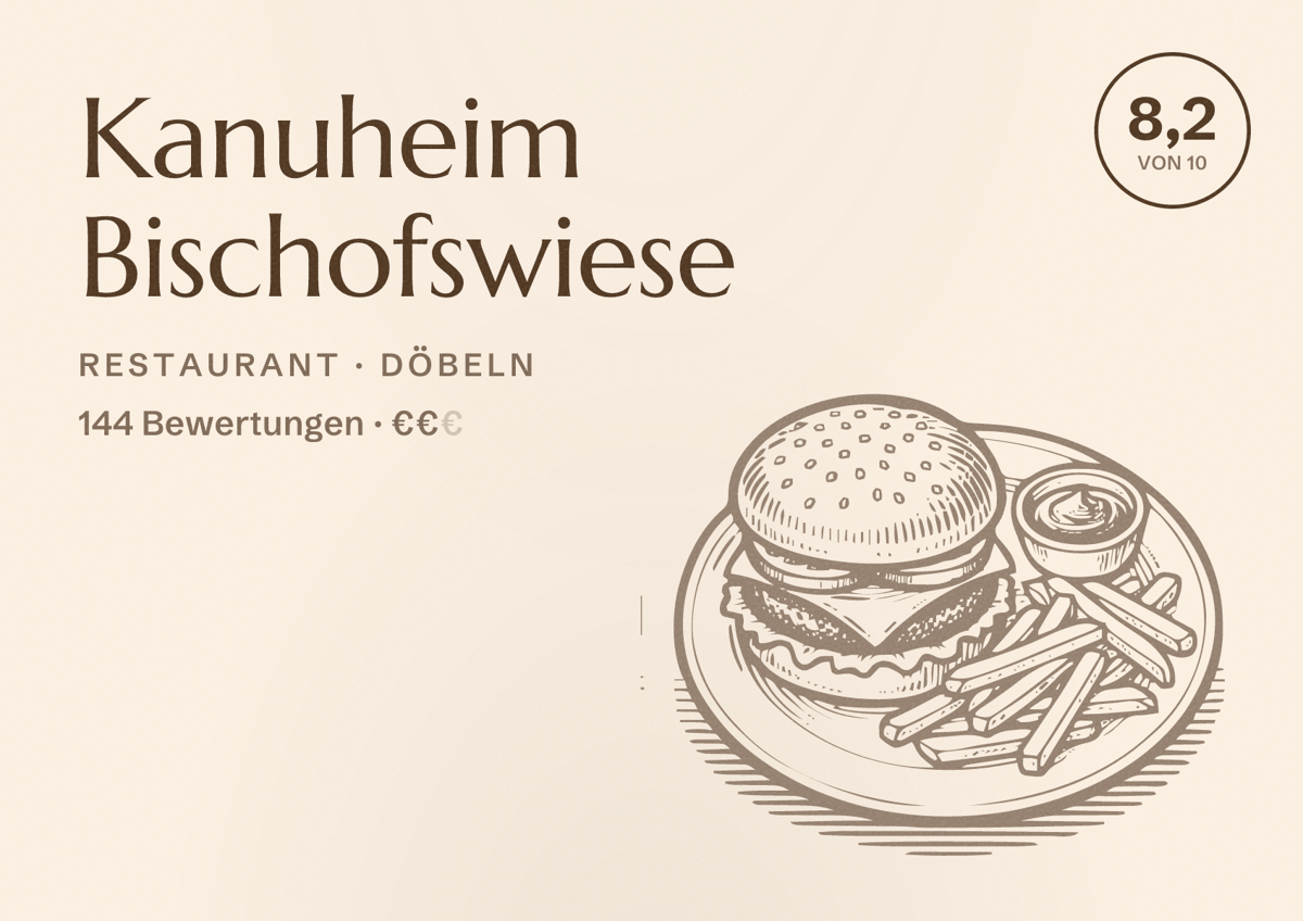 Illustriertes Poster von Kanuheim Bischofswiese, Restaurant in Döbeln: Bewertung 8,2 von 10 aus 144 Bewertungen, Preisniveau €€