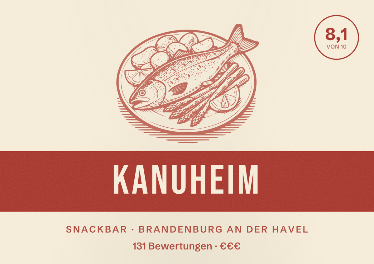 Illustriertes Poster von Kanuheim, Snackbar in Brandenburg an der Havel: Bewertung 8,1 von 10 aus 131 Bewertungen, Preisniveau €€€