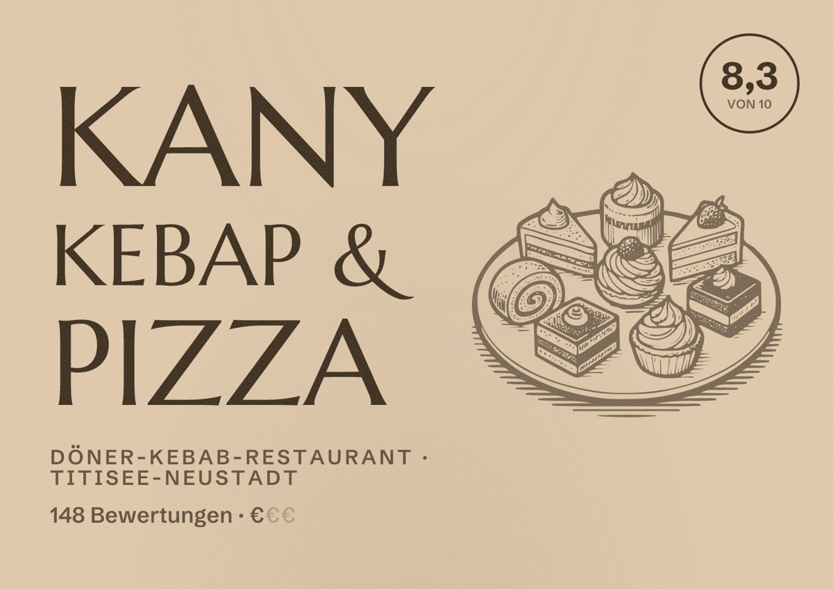 Illustriertes Poster von Kany Kebap & Pizza, Döner-Kebab-Restaurant in Titisee-Neustadt: Bewertung 8,3 von 10 aus 148 Bewertungen, Preisniveau €