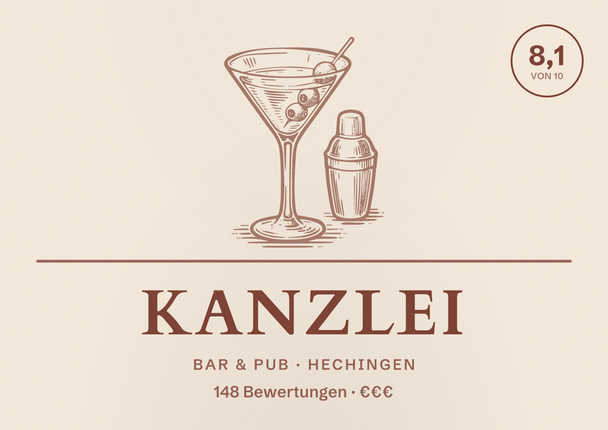 Illustriertes Poster von Kanzlei, Bar & Pub in Hechingen: Bewertung 8,1 von 10 aus 148 Bewertungen, Preisniveau €€€