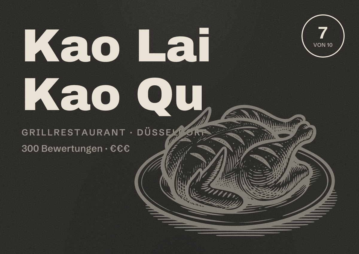 Illustriertes Poster von Kao Lai Kao Qu, Grillrestaurant in Düsseldorf: Bewertung 7,0 von 10 aus 300 Bewertungen, Preisniveau €€€