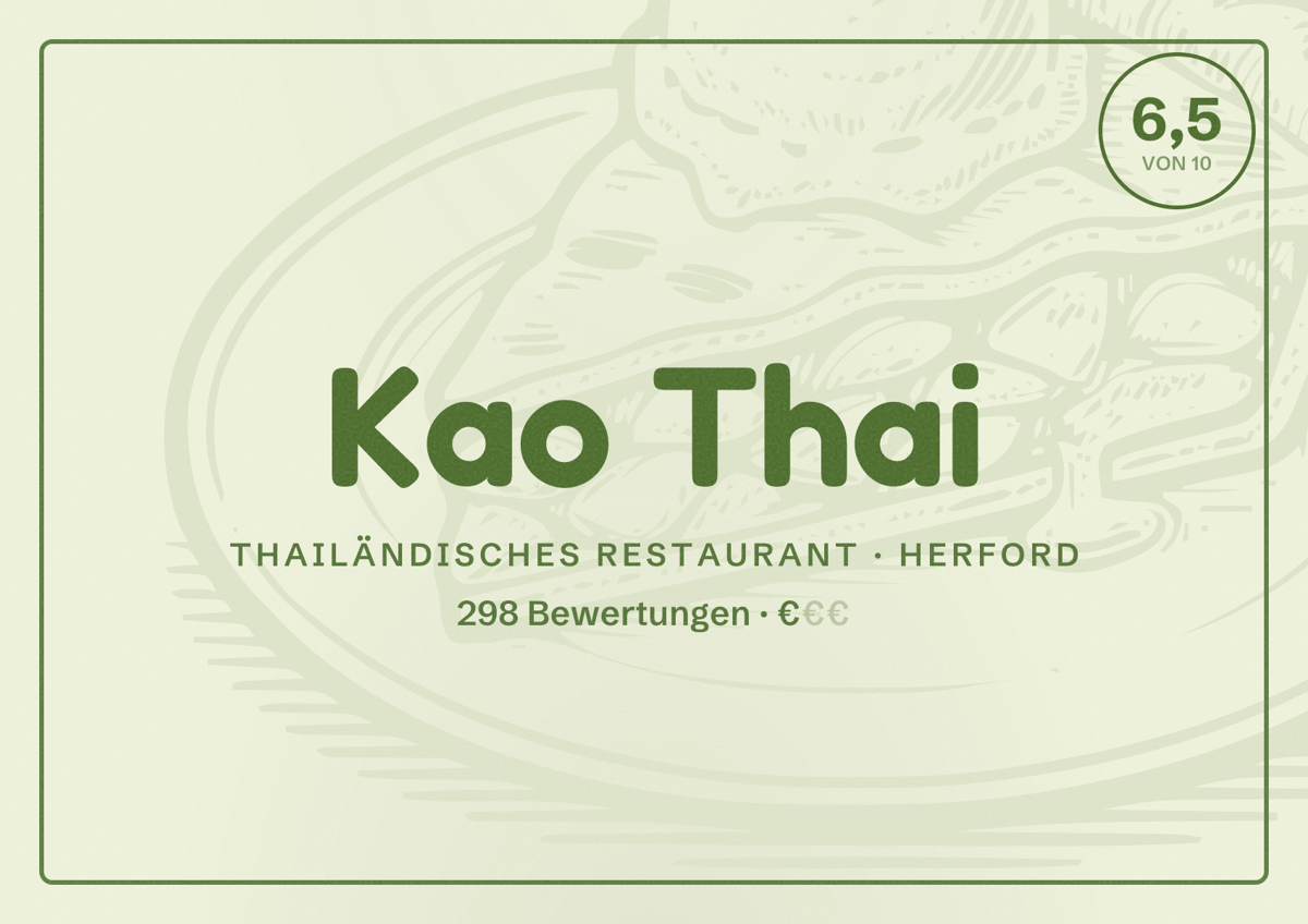 Illustriertes Poster von Kao Thai, Thailändisches Restaurant in Herford: Bewertung 6,5 von 10 aus 298 Bewertungen, Preisniveau €