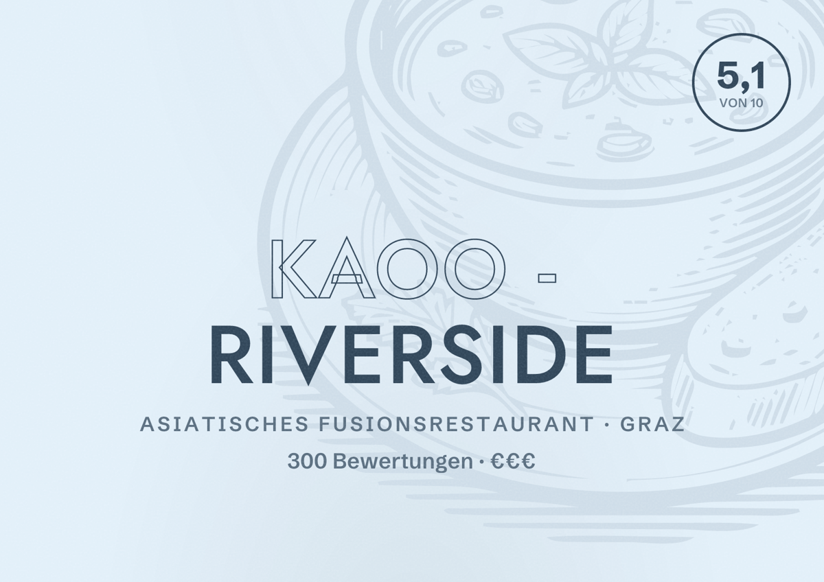 Illustriertes Poster von Kaoo - Riverside, Asiatisches Fusionsrestaurant in Graz: Bewertung 5,1 von 10 aus 300 Bewertungen, Preisniveau €€€