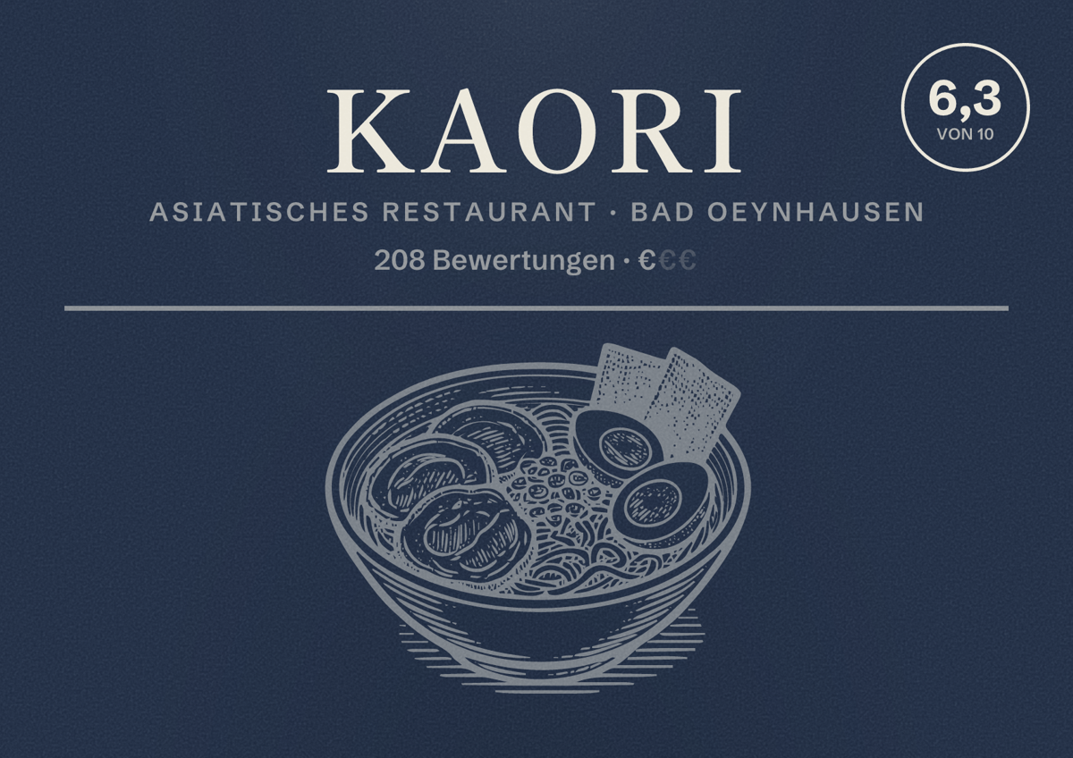 Illustriertes Poster von Kaori, Asiatisches Restaurant in Bad Oeynhausen: Bewertung 6,3 von 10 aus 208 Bewertungen, Preisniveau €