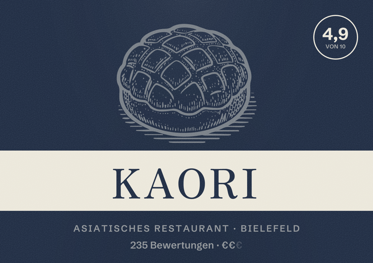 Illustriertes Poster von Kaori, Asiatisches Restaurant in Bielefeld: Bewertung 4,9 von 10 aus 235 Bewertungen, Preisniveau €€