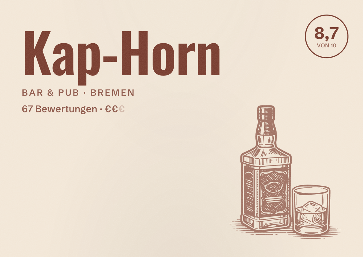 Illustriertes Poster von Kap-Horn, Bar & Pub in Bremen: Bewertung 8,7 von 10 aus 67 Bewertungen, Preisniveau €€