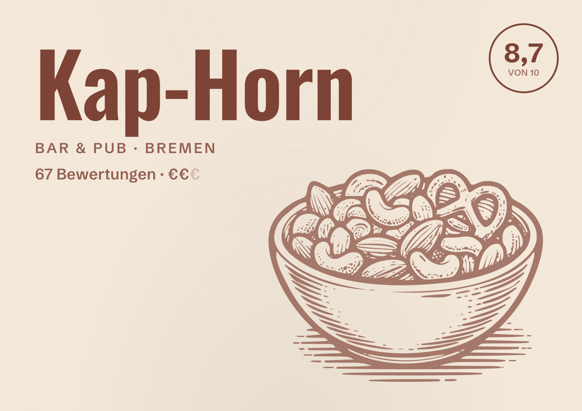 Illustriertes Poster von Kap-Horn, Bar & Pub in Bremen: Bewertung 8,7 von 10 aus 67 Bewertungen, Preisniveau €€