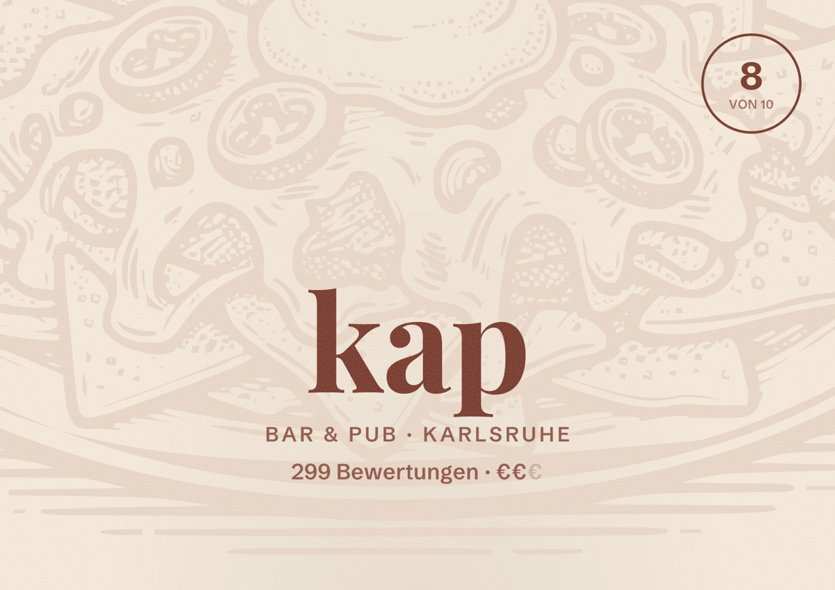 Illustriertes Poster von kap, Bar & Pub in Karlsruhe: Bewertung 8 von 10 aus 299 Bewertungen, Preisniveau €€
