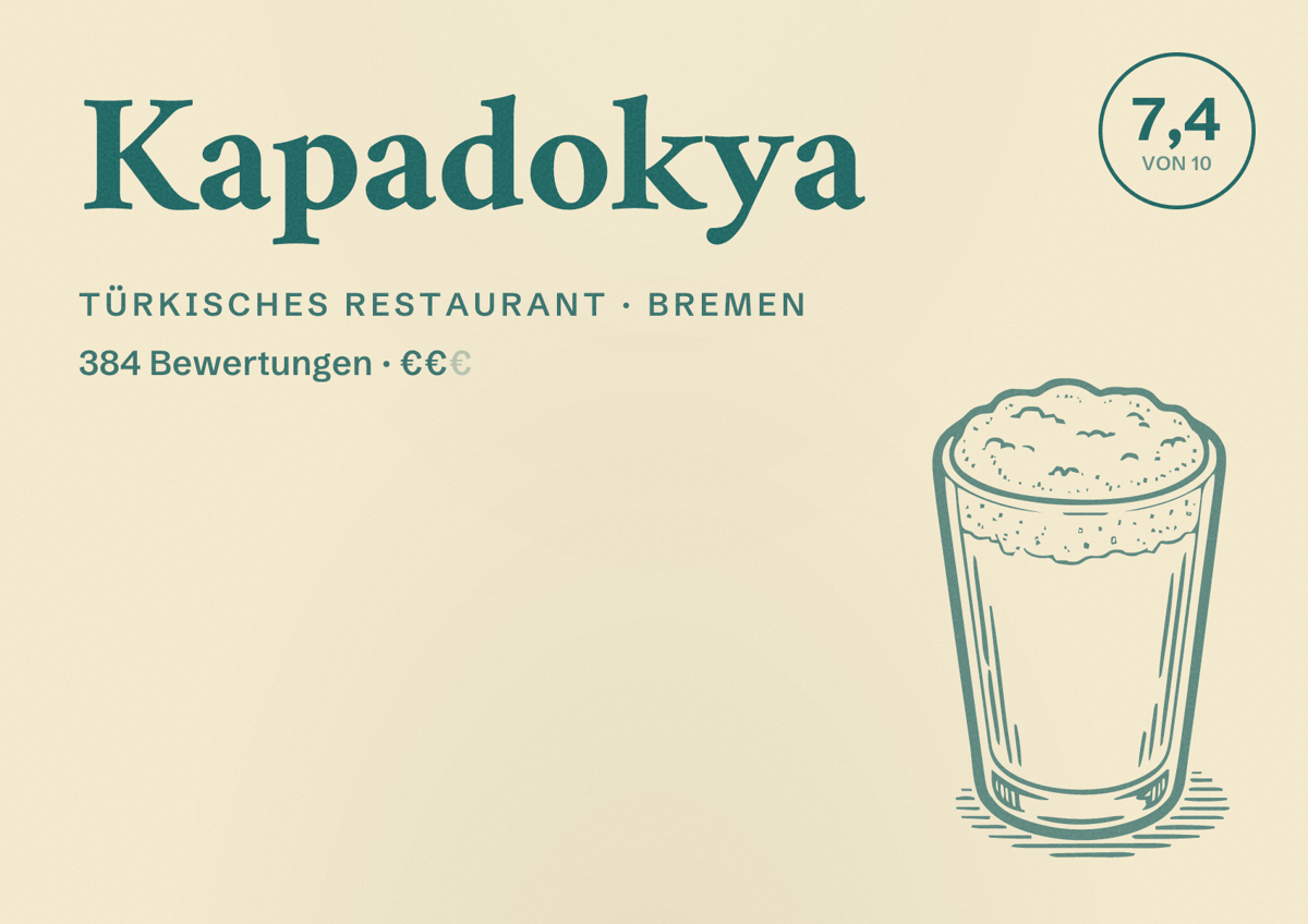 Illustriertes Poster von Kapadokya, Türkisches Restaurant in Bremen: Bewertung 7,4 von 10 aus 384 Bewertungen, Preisniveau €€