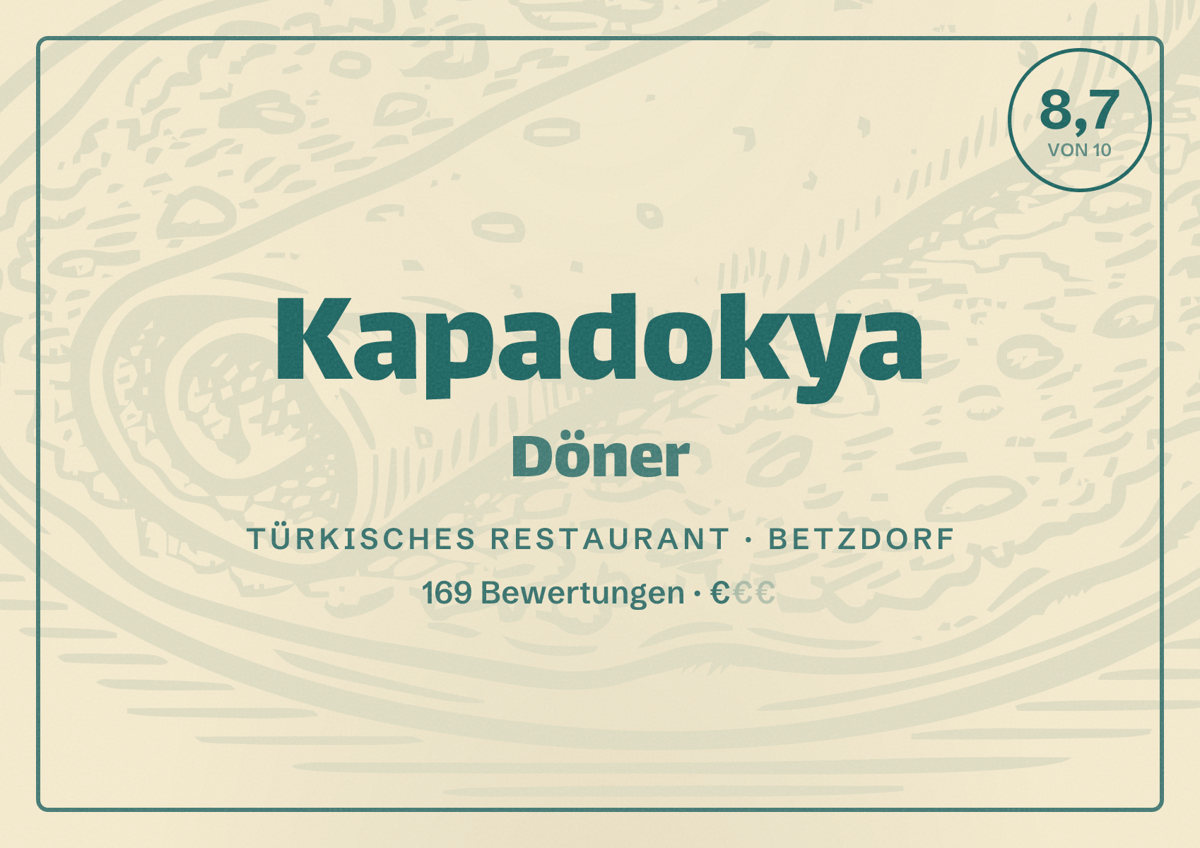 Illustriertes Poster von Kapadokya Döner, Türkisches Restaurant in Betzdorf: Bewertung 8,7 von 10 aus 169 Bewertungen, Preisniveau €
