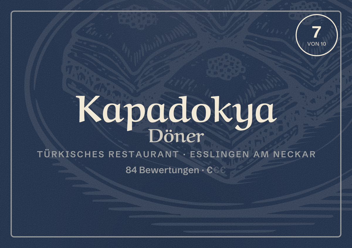 Illustriertes Poster von Kapadokya Döner, Türkisches Restaurant in Esslingen am Neckar: Bewertung 7 von 10 aus 84 Bewertungen, Preisniveau €
