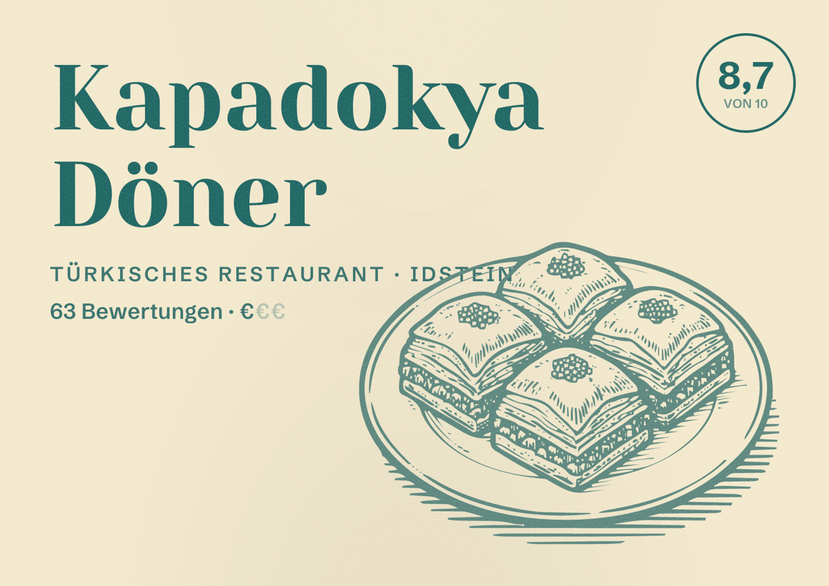 Illustriertes Poster von Kapadokya Döner, Türkisches Restaurant in Idstein: Bewertung 8,7 von 10 aus 63 Bewertungen, Preisniveau €