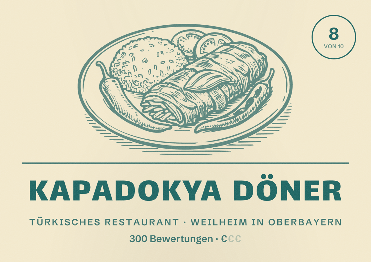 Illustriertes Poster von Kapadokya Döner, Türkisches Restaurant in Weilheim in Oberbayern: Bewertung 8 von 10 aus 300 Bewertungen, Preisniveau €