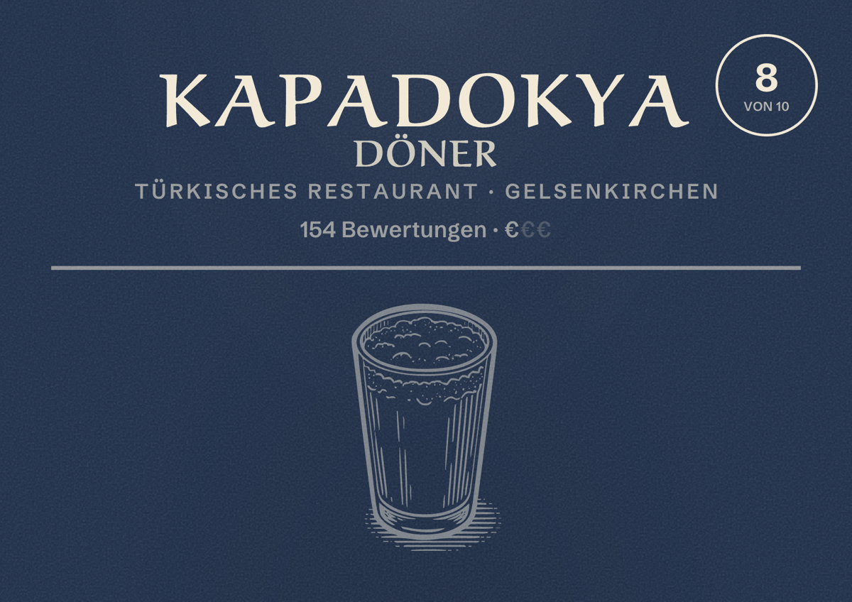 Illustriertes Poster von Kapadokya Döner, Türkisches Restaurant in Gelsenkirchen: Bewertung 8 von 10 aus 154 Bewertungen, Preisniveau €