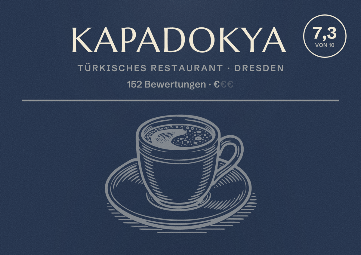Illustriertes Poster von Kapadokya, Türkisches Restaurant in Dresden: Bewertung 7,3 von 10 aus 152 Bewertungen, Preisniveau €