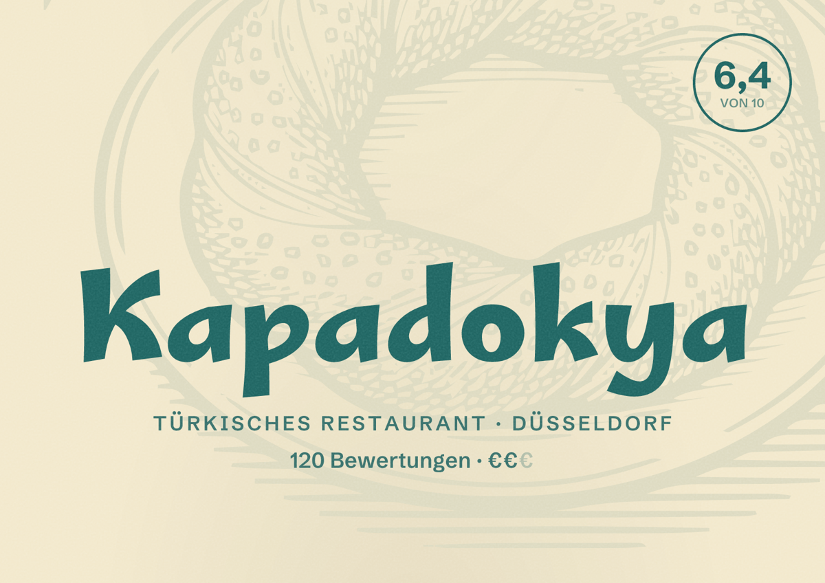 Illustriertes Poster von Kapadokya, Türkisches Restaurant in Düsseldorf: Bewertung 6,4 von 10 aus 120 Bewertungen, Preisniveau €€