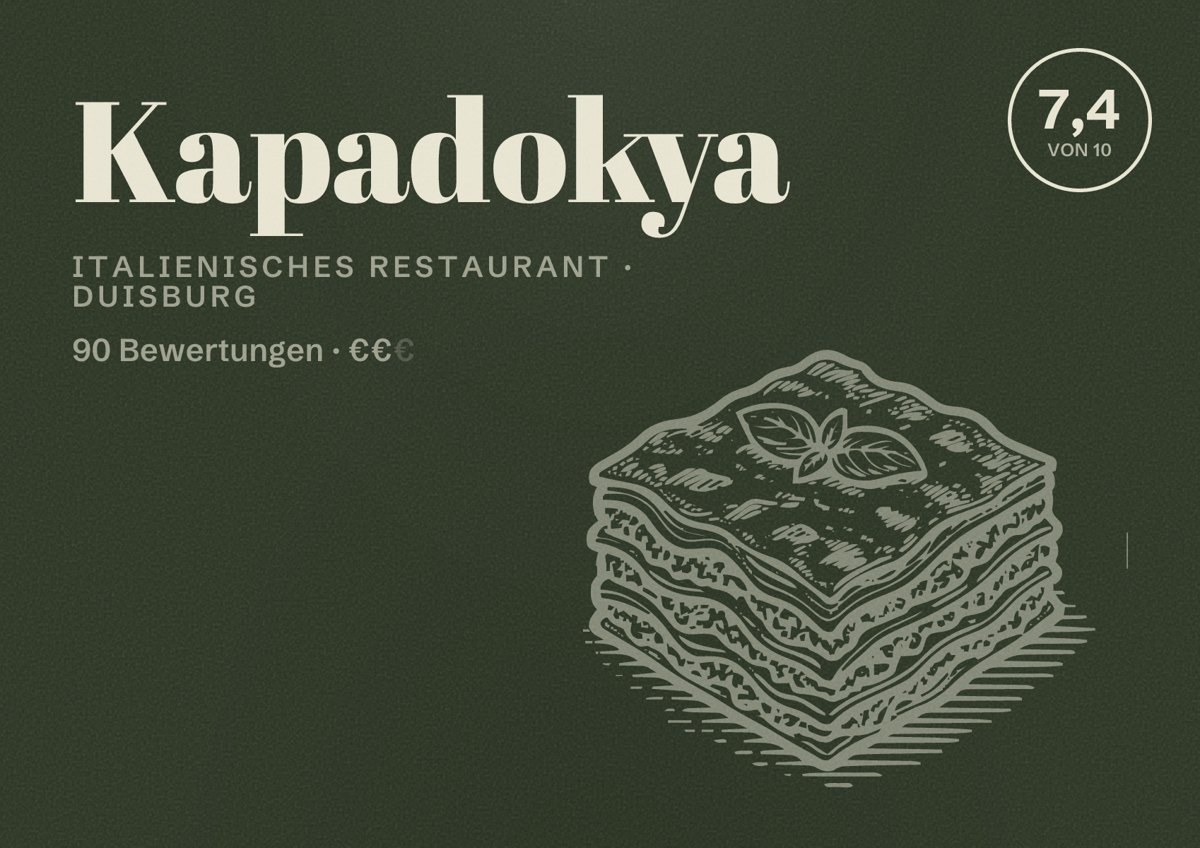 Illustriertes Poster von Kapadokya, Italienisches Restaurant in Duisburg: Gästebewertung 7,4 von 10 aus 90 Bewertungen