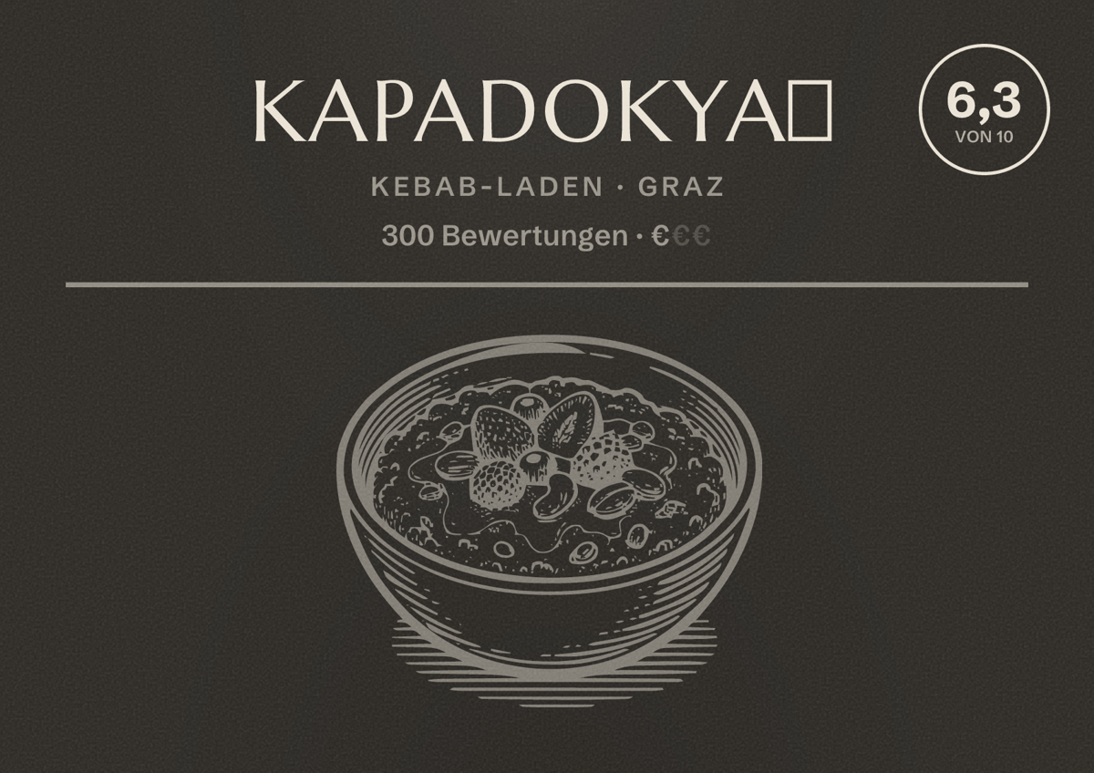 Illustriertes Poster von Kapadokya🍔, Kebab-Laden in Graz: Bewertung 6,3 von 10 aus 300 Bewertungen, Preisniveau €