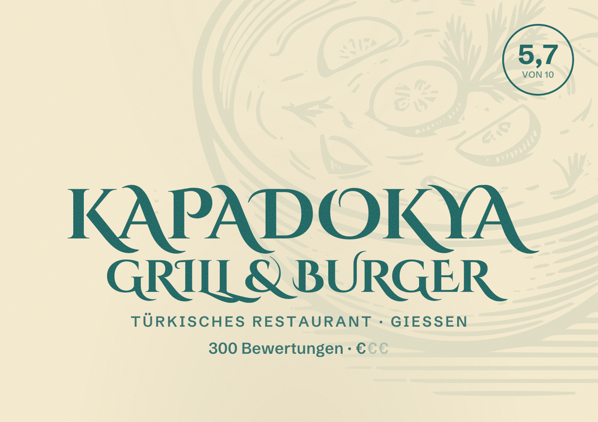 Illustriertes Poster von Kapadokya Grill & Burger, Türkisches Restaurant in Gießen: Bewertung 5,7 von 10 aus 300 Bewertungen, Preisniveau €