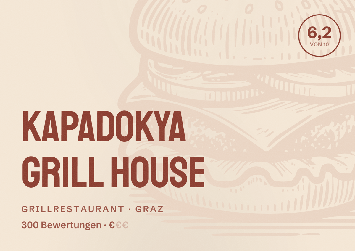 Illustriertes Poster von Kapadokya Grill House, Grillrestaurant in Graz: Bewertung 6,2 von 10 aus 300 Bewertungen, Preisniveau €