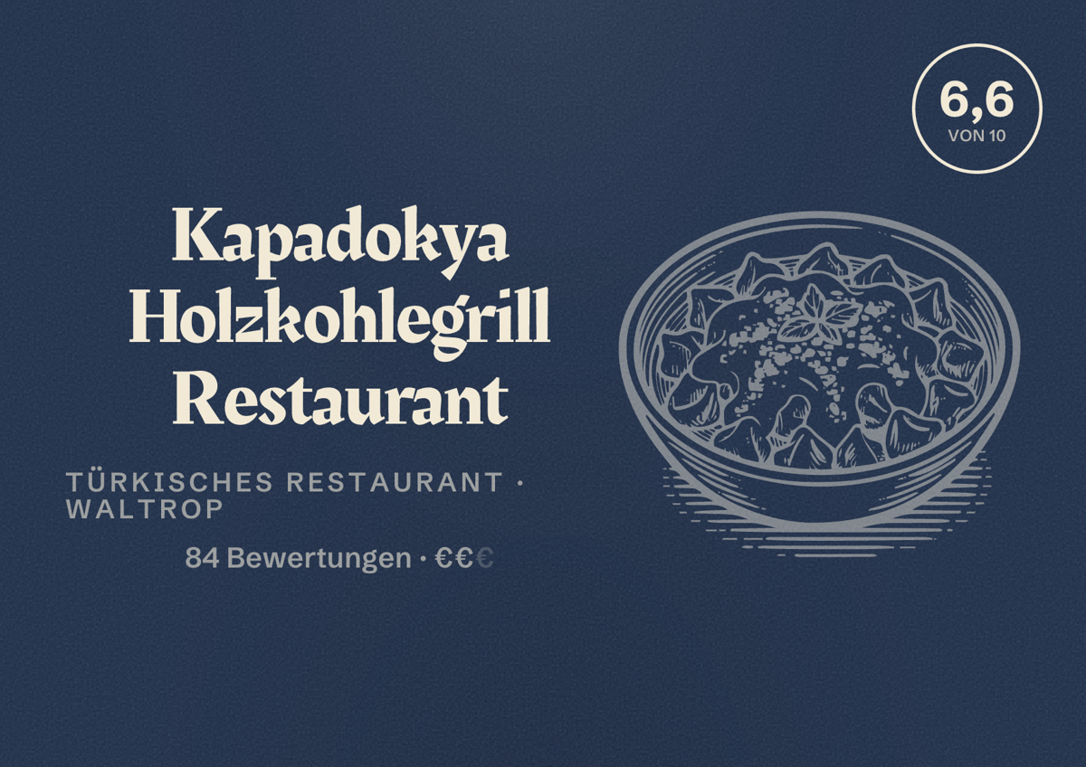 Illustriertes Poster von Kapadokya Holzkohlegrill Restaurant, Türkisches Restaurant in Waltrop: Bewertung 6,6 von 10 aus 84 Bewertungen, Preisniveau €€