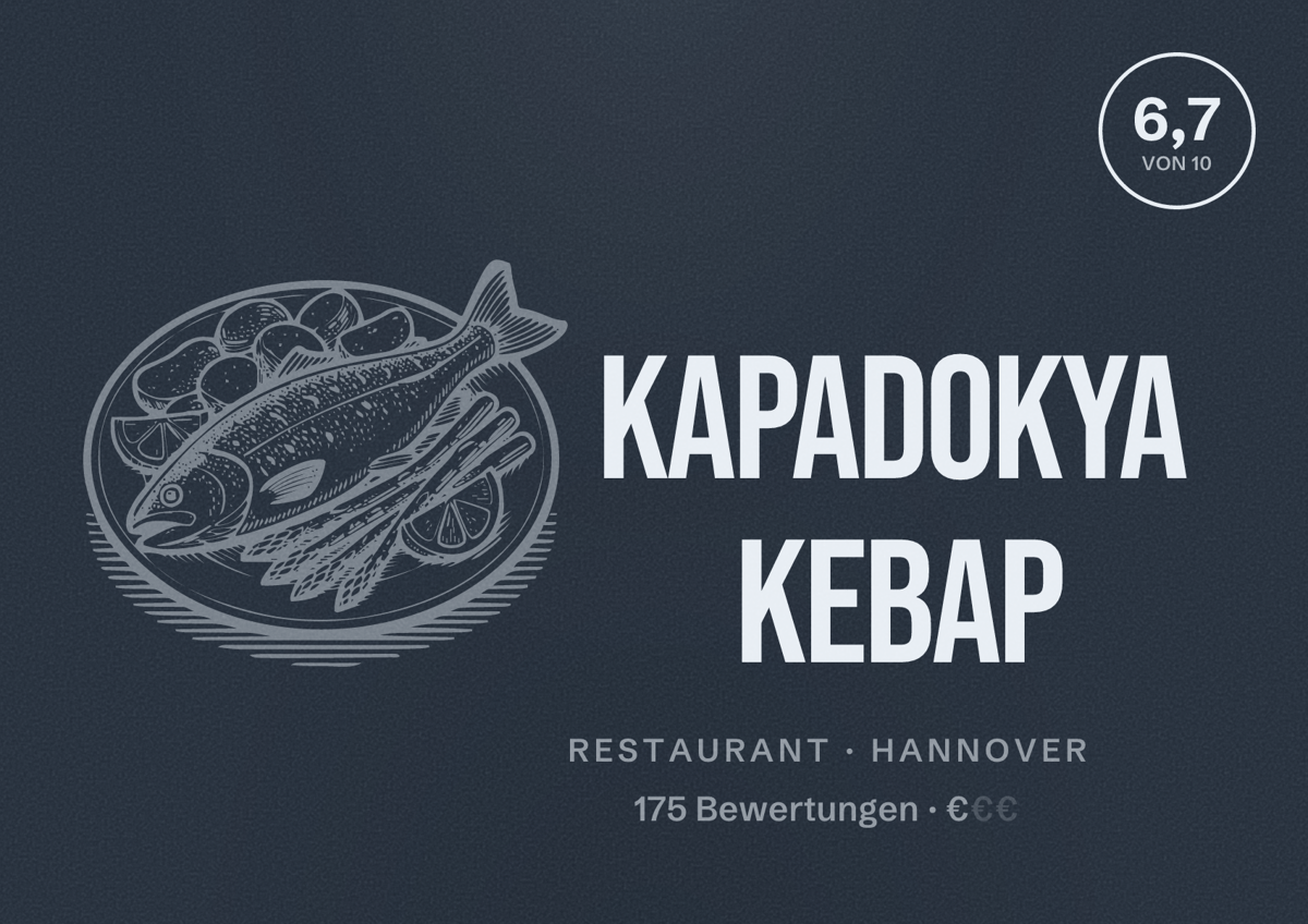 Illustriertes Poster von Kapadokya Kebap, Restaurant in Hannover: Bewertung 6,7 von 10 aus 175 Bewertungen, Preisniveau €