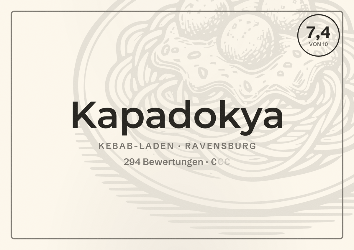 Illustriertes Poster von Kapadokya, Kebab-Laden in Ravensburg: Bewertung 7,4 von 10 aus 294 Bewertungen, Preisniveau €