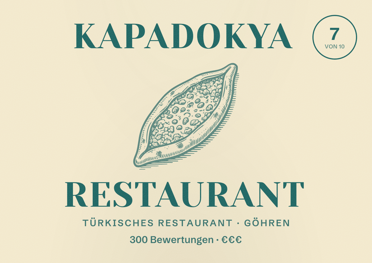 Illustriertes Poster von Kapadokya Restaurant, Türkisches Restaurant in Göhren: Bewertung 7 von 10 aus 300 Bewertungen, Preisniveau €€€